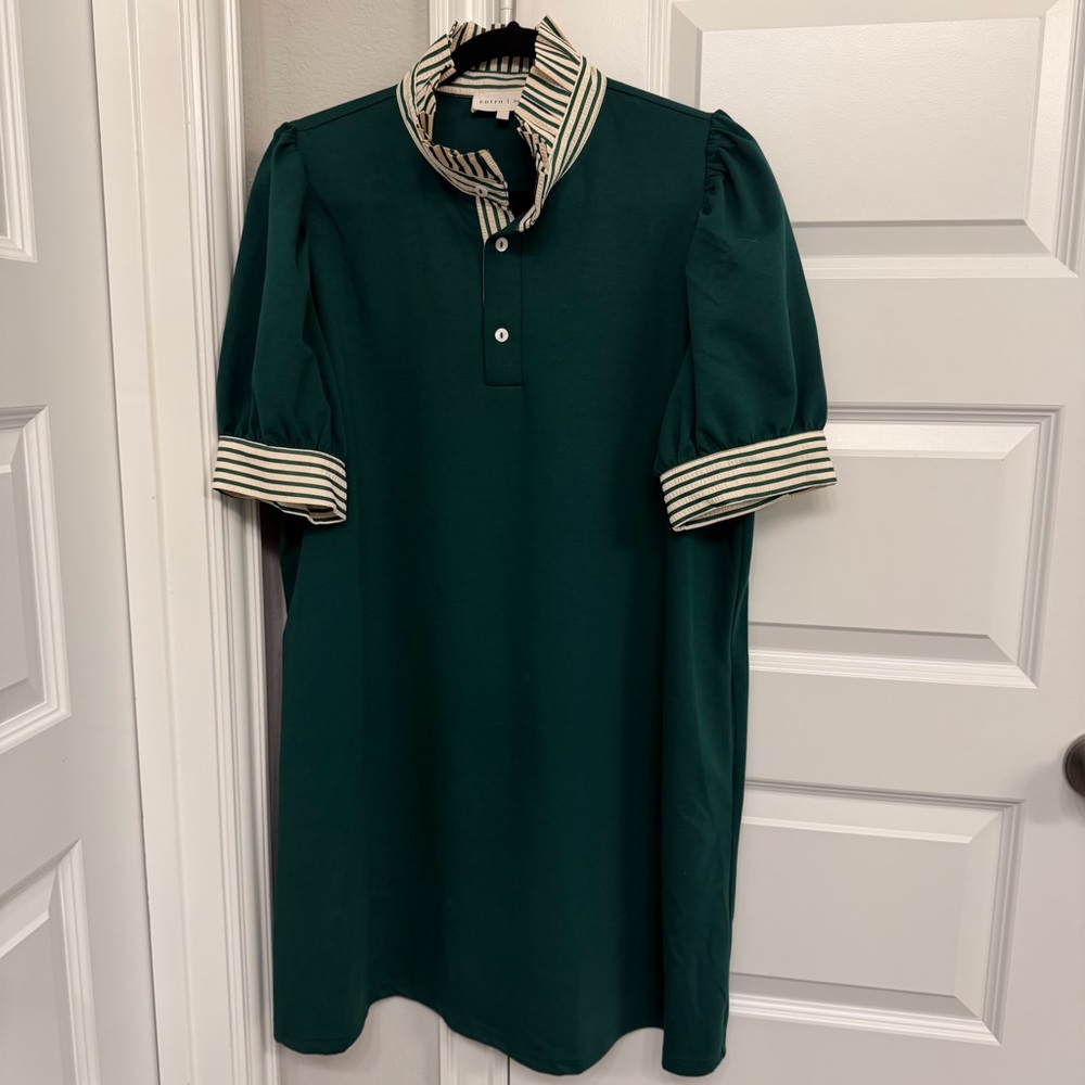 Entro Forest Green Mini Dress with Striped Collar - Picture 2 of 7